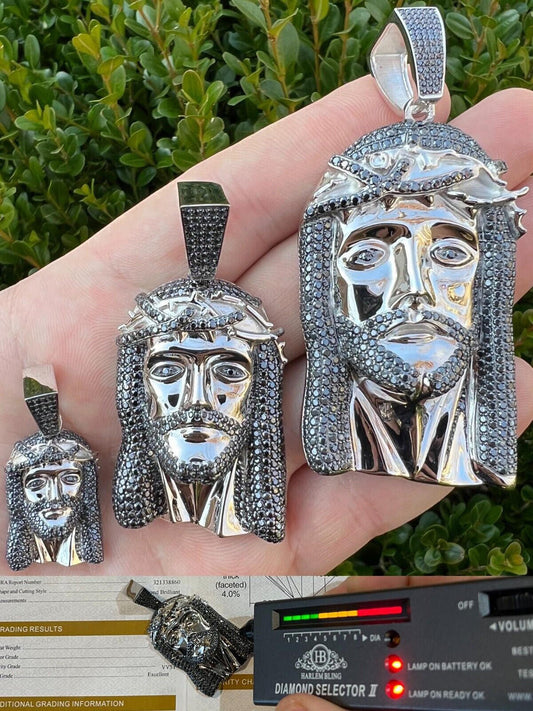 Italiano Silver, Inc. Black MOISSANITE 925 Silver Iced Jesus Piece Pendant Necklace Pass Diamond Test
