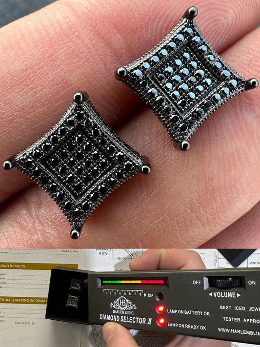 Italiano Silver, Inc. Black MOISSANITE Oxidized Rhodium Over 925 Silver Square Kite Earrings Hip Hop