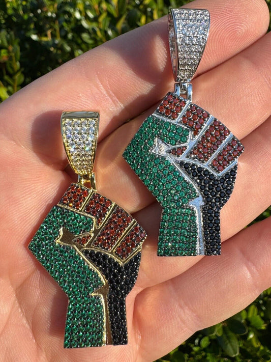 Italiano Silver, Inc. Free Palestine Fist Palestinian 925 Silver Gold Plated Pendant Chain CZ Necklace