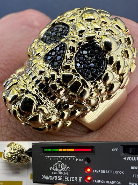 Italiano Silver, Inc. Gold Nugget Death Skull Ring Mens 14k Plated 925 Silver Real Black MOISSANITE