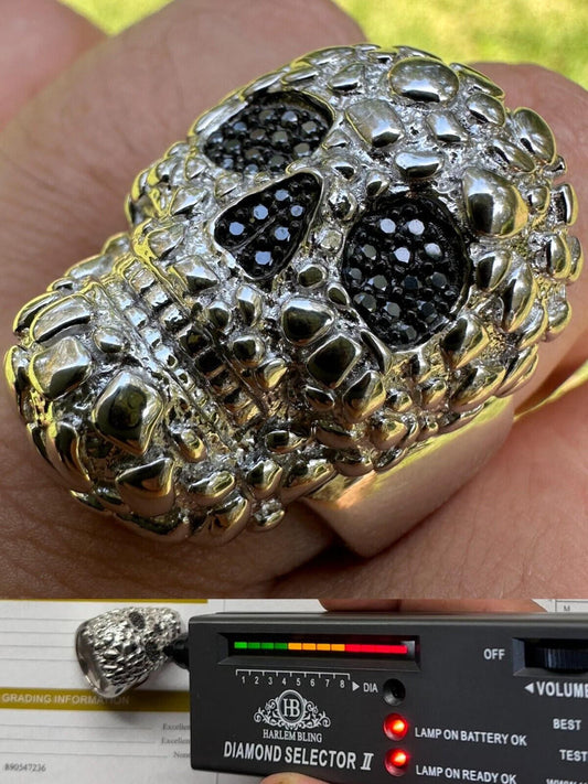 Italiano Silver, Inc. HEAVY Nugget Death Skull Ring Mens Real Solid 925 Silver Real Black MOISSANITE