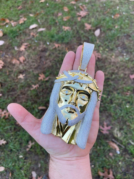 Italiano Silver, Inc HUGE 6 30ct Moissanite 14k Gold Vermeil Mens Iced Jesus Piece Pendant Necklace