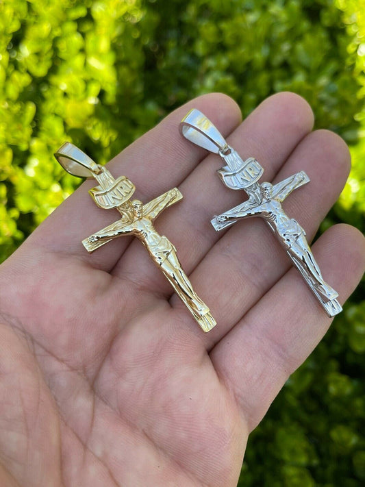 Italiano Silver, Inc LARGE Real 925 Sterling Silver Plain Gold Cross Jesus Crucifix Pendant Necklace