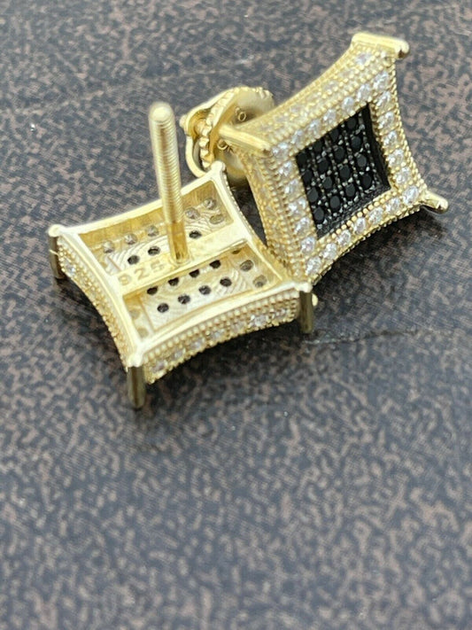 Italiano Silver, Inc Mens 14K Gold and Real 925 Sterling Silver Iced Kite Black Diamond Earrings Studs