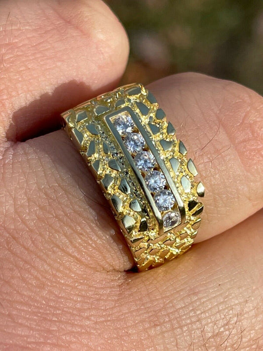 Italiano Silver, Inc Mens 14k Gold Over Real Solid Sterling Silver Iced Diamond Nugget Ring Hip Hop