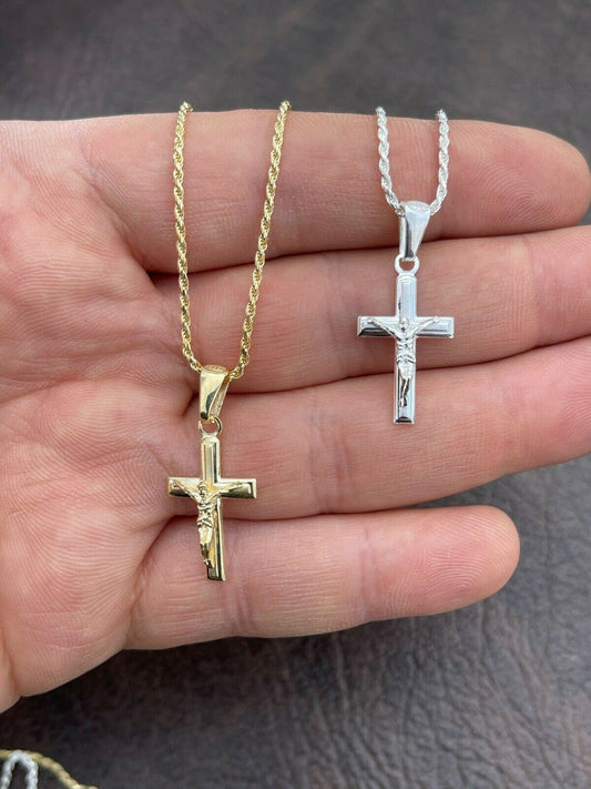 Italiano Silver, Inc Mens Ladies Real 925 Silver Plain Gold Cross Crucifix Pendant Necklace Small 1