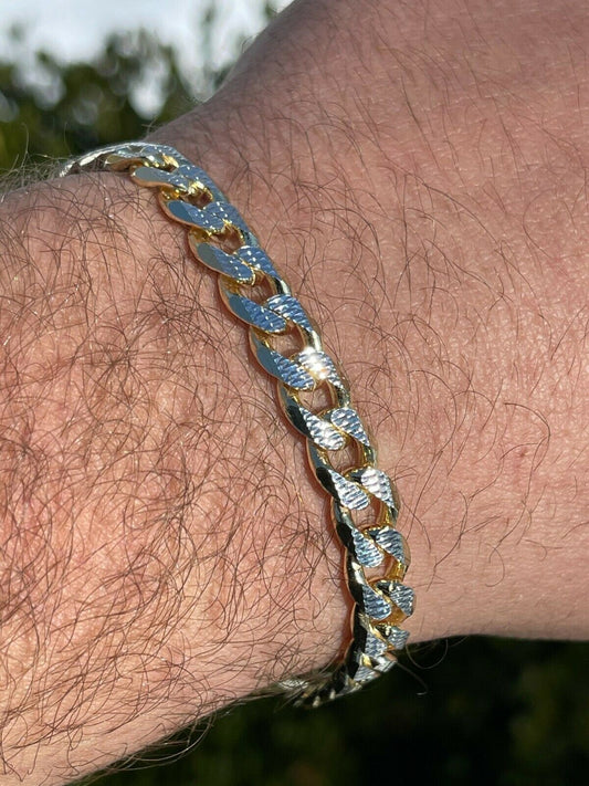 Italiano Silver, Inc Mens Miami Cuban Bracelet Diamond Cut Two Tone Real 14k Gold and Solid 925 Silver
