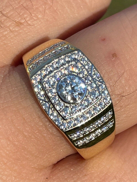 Italiano Silver, Inc Mens REAL 10k Gold Over Solid 925 Sterling Silver Iced Diamond Solitaire Ring