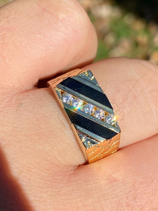 Italiano Silver, Inc Mens Real 14k Gold Solid 925 Silver Nugget Black Onyx Ring Iced Hip Hop Anillo