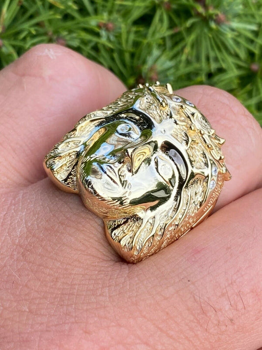 Italiano Silver, Inc Mens Real 14k Yellow Gold Over Solid 925 Silver Jesus Face Ring Pinky Hip Hop