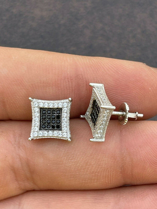 Italiano Silver, Inc Mens Real 925 Solid Sterling Silver Iced Kite Square Black Diamond Earrings Stud