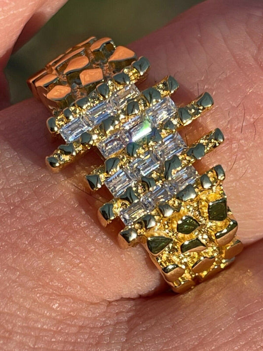Italiano Silver, Inc Mens REAL 925 Sterling Silver and 14k Gold Nugget Ring Baguette Iced Hip Hop Ring