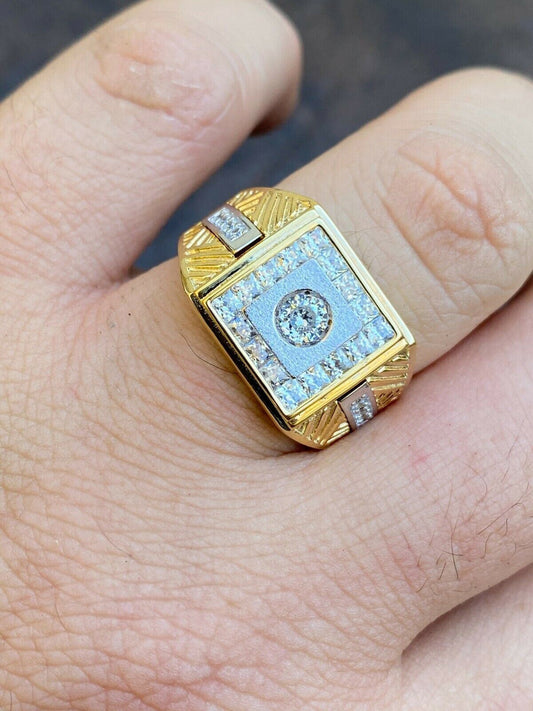 Italiano Silver, Inc Mens Real 925 Sterling Silver and 14k Yellow Gold Iced Baguette Statement Ring