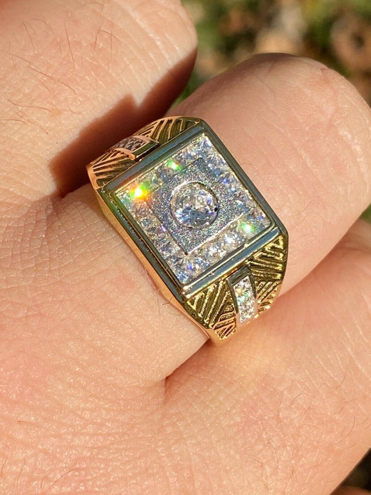 Italiano Silver, Inc Mens Real 925 Sterling Silver and 14k Yellow Gold Iced Baguette Statement Ring