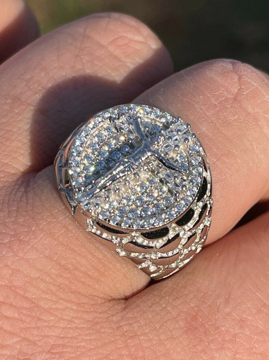 Italiano Silver, Inc Mens Real Solid 925 Sterling Silver Iced Jesus Cross Nugget Ring Pinky Diamond