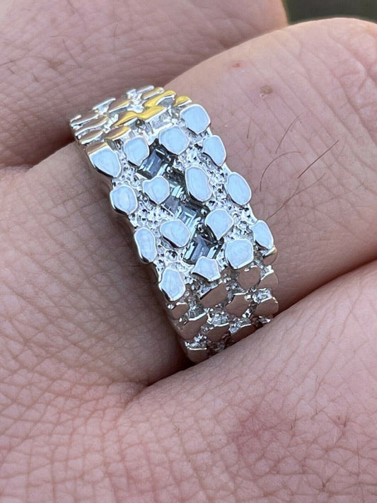 Italiano Silver, Inc Mens REAL Solid 925 Sterling Silver Nugget Ring Iced Baguette Diamonds Sz 6-13