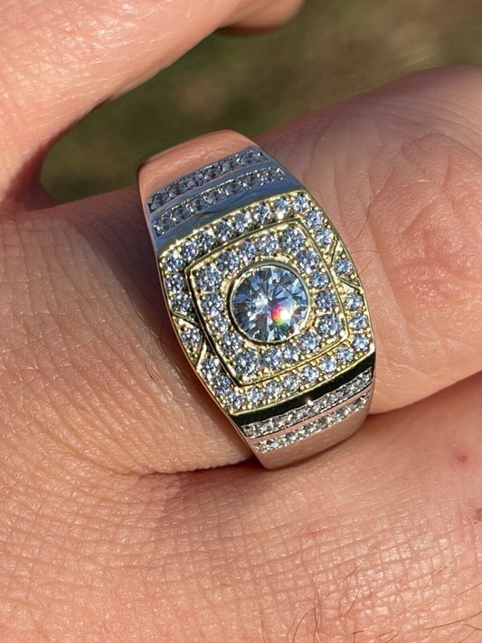 Italiano Silver, Inc Mens REAL Solid 925 Sterling Silver W 10k Gold Bezel Iced Diamond Solitaire Ring