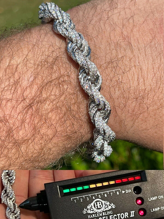 Italiano Silver, Inc Mens Rope Bracelet Real 925 Silver Iced 14.5ct MOISSANITE Pass Diamond Tester