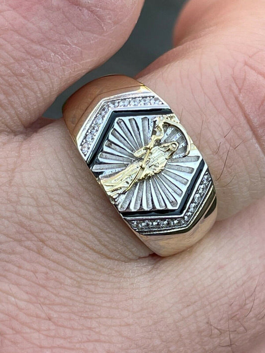 Italiano Silver, Inc Mens Solid 925 Sterling Silver and 14k Gold Grim Reaper Santa Muerte Pinky Ring