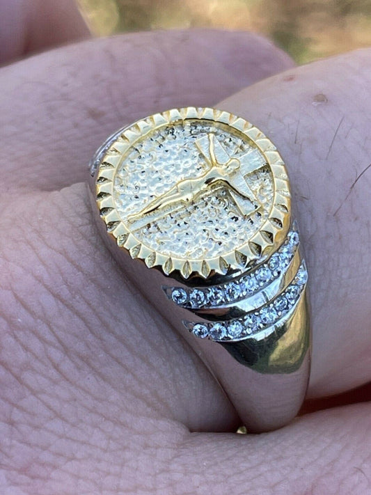 Italiano Silver, Inc Mens Solid 925 Sterling Silver and 14k Yellow Gold Coin Ring Jesus On Cross Nugget