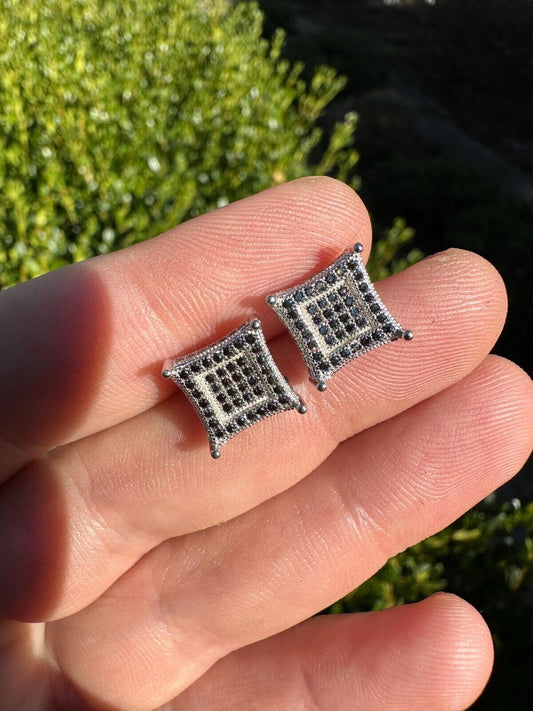 Italiano Silver, Inc. Real Black MOISSANITE 925 Silver Square Kite Earrings Hip Hop 10mm Passes Tester