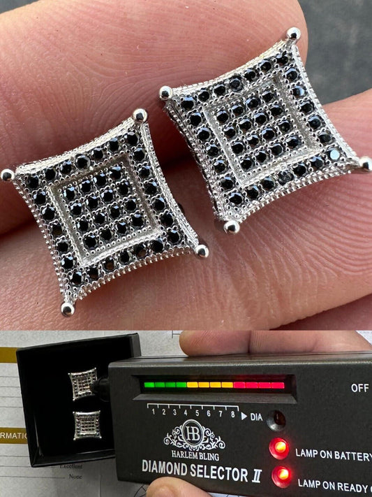 Italiano Silver, Inc. Real Black MOISSANITE 925 Silver Square Kite Earrings Hip Hop 10mm Passes Tester