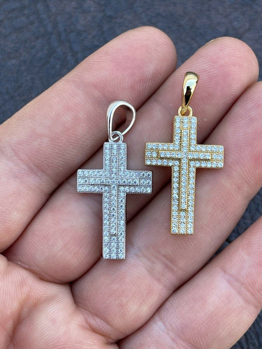Italiano Silver, Inc Real Solid 10k Gold Cross Pendant Necklace Iced MOISSANITE Passes Diamond Tester