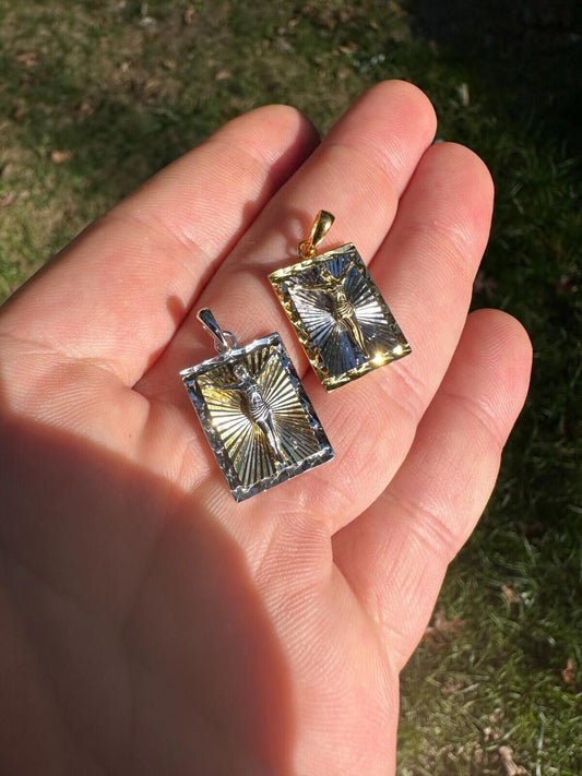 Italiano Silver, Inc. Real Solid 925 Silver / Plain Gold Plated Cross Jesus Medallion Pendant Necklace