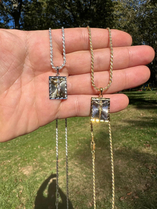 Italiano Silver, Inc. Real Solid 925 Silver / Plain Gold Plated Cross Jesus Medallion Pendant Necklace