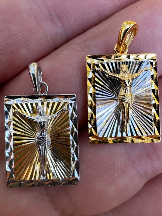 Italiano Silver, Inc. Real Solid 925 Silver / Plain Gold Plated Cross Jesus Medallion Pendant Necklace