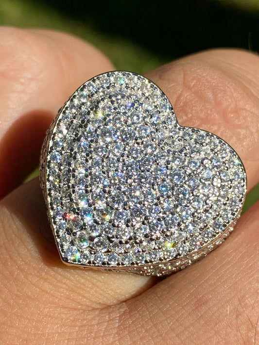 Italiano Silver, Inc Real Solid 925 Sterling Silver Hip Hop Men Ladies Large Heart Iced Diamond Ring