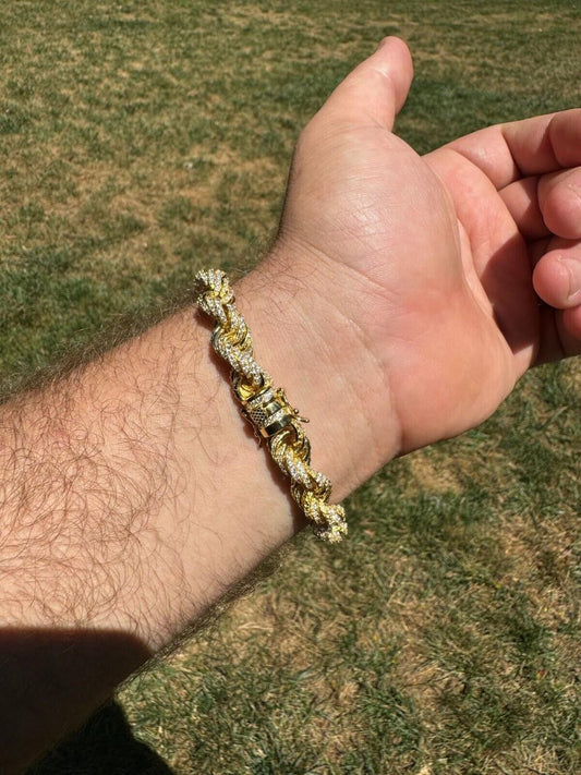 Italiano Silver, Inc. Rope Bracelet Iced Out CZ Stones - 14k Gold Vermeil 925 Silver - 9mm - 7.5"-8.5"