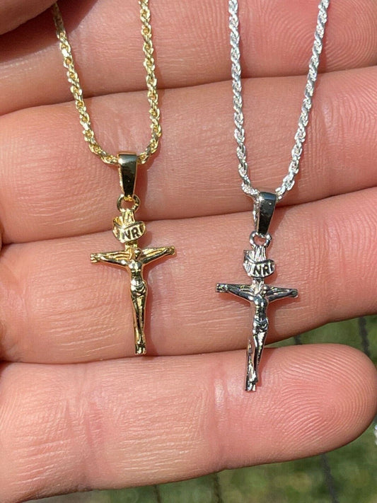Italiano Silver, Inc Small 0.75 925 Sterling Silver Plain Gold Cross Jesus Crucifix Pendant Necklace