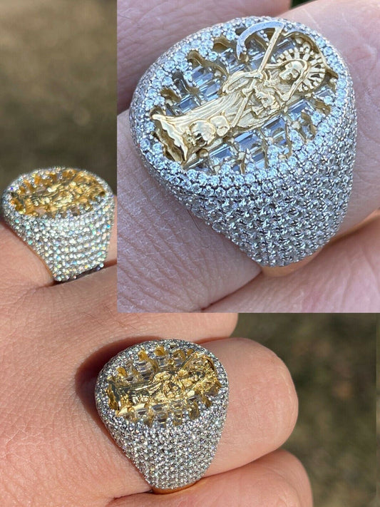 Italiano Silver, Inc Solid 925 Silver and 14k Gold Baguette Diamond Grim Reaper Santa Muerte Iced Ring