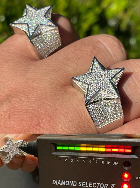 Italiano Silver, Inc Solid 925 Silver Iced Hip Hop Out STAR Pinky RING MOISSANITE Pass Diamond Tester