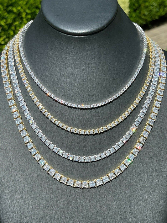 Italiano Silver, Inc Tennis Chain Real 925 Sterling Silver Gold ICED Square Princess Diamond Necklace