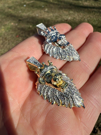 Mens 925 Silver Gold Real Iced Diamond Rasta Lion Crown Africa Pendant Necklace