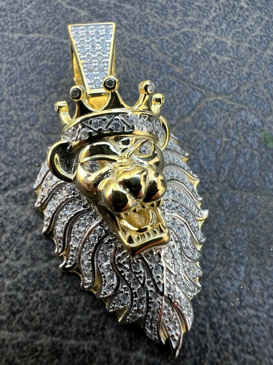 Mens 925 Silver Gold Real Iced Diamond Rasta Lion Crown Africa Pendant Necklace