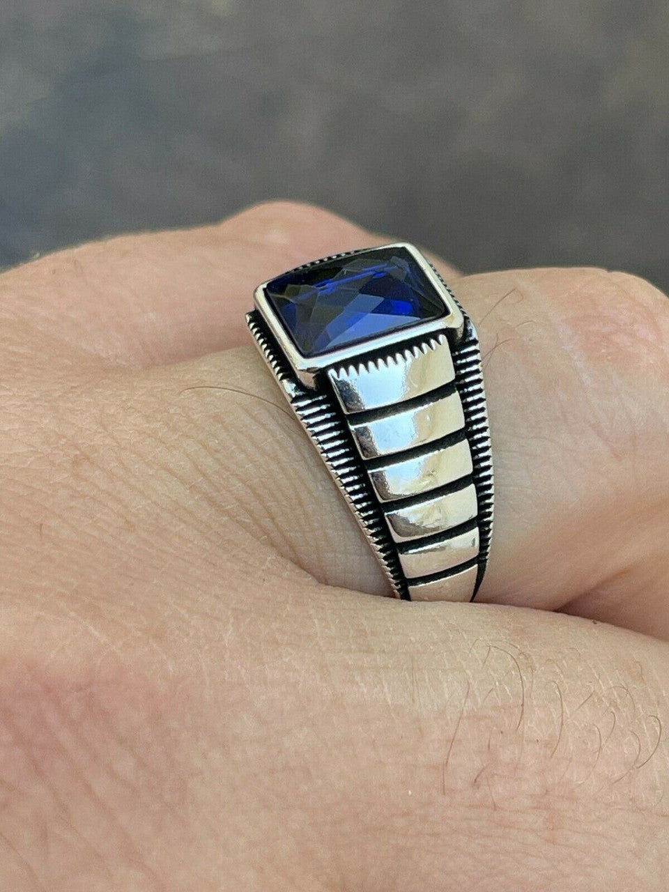Mens Plain Real 925 Sterling Silver Blue Sapphire Stone Ring Size 7 8 9 10 11 12