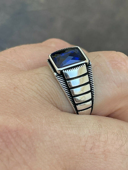 Mens Plain Real 925 Sterling Silver Blue Sapphire Stone Ring Size 7 8 9 10 11 12