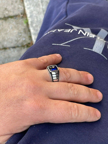 Mens Plain Real 925 Sterling Silver Blue Sapphire Stone Ring Size 7 8 9 10 11 12