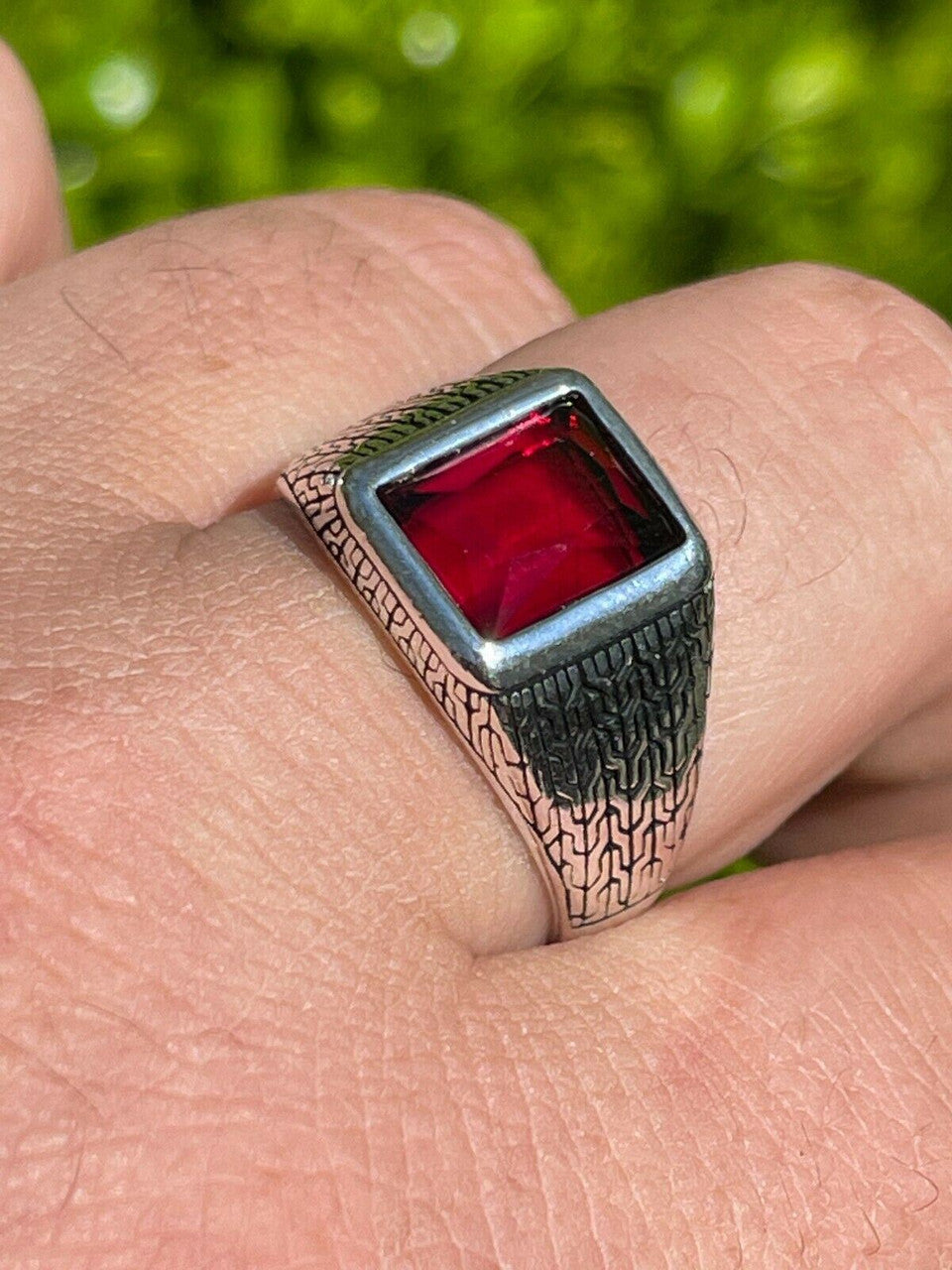 Mens Plain Real 925 Sterling Silver Ruby Red Stone Ring Size 7 8 9 10 11 12 13