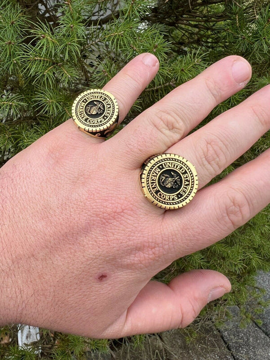 Mens Real 14k Gold Vermeil 925 Silver US Marine Corps Sempre Fi Ring Size 7-13