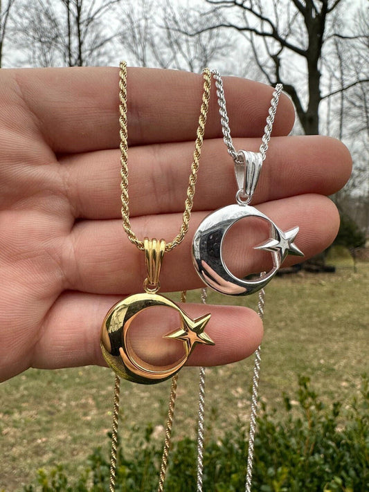 Mens Real 925 Silver / 14k Gold Crescent Moon & Star Islam Muslim Arabic Pendant
