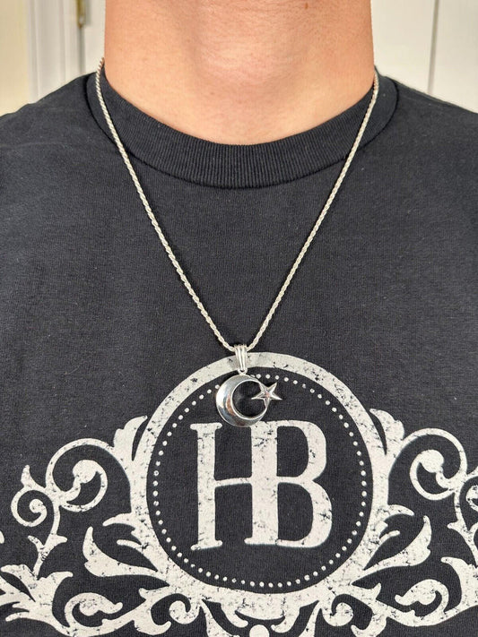 Mens Real 925 Silver / 14k Gold Crescent Moon & Star Islam Muslim Arabic Pendant