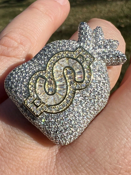 Mens Real 925 Silver Money Dollar Sign Baguette Diamond Pinky RING Hip Hop Iced