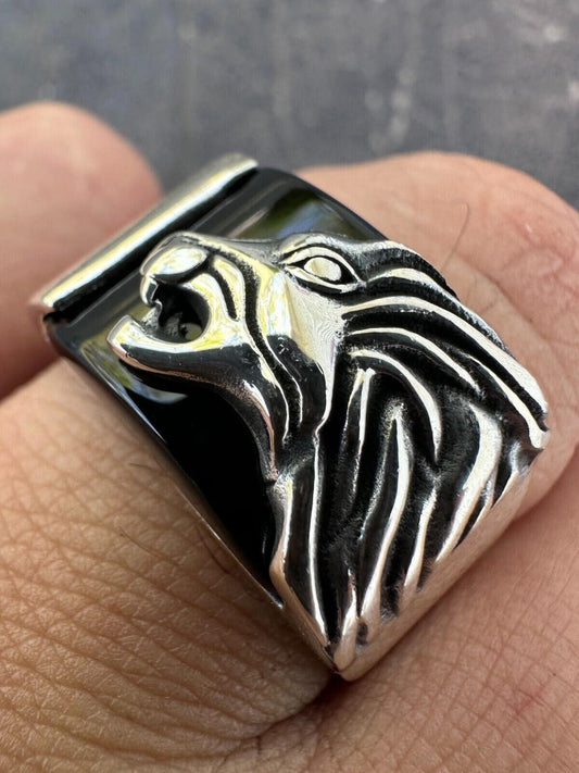 Mens Real 925 Sterling Silver Natural Black Onyx Howling Wolf Signet Dog Ring