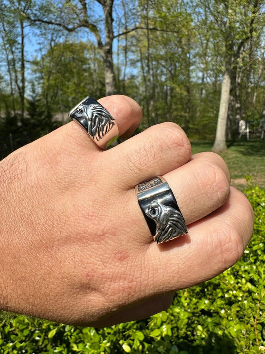 Mens Real 925 Sterling Silver Natural Black Onyx Howling Wolf Signet Dog Ring