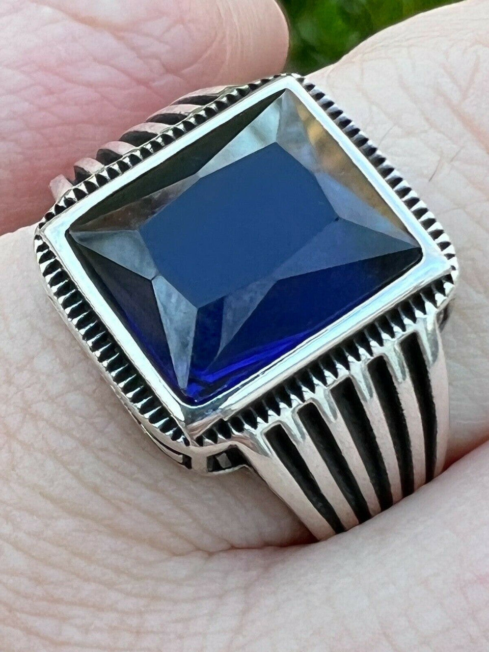 Mens Real Solid 925 Sterling Silver Dark Navy Blue Sapphire Stone Ring Size 7-13