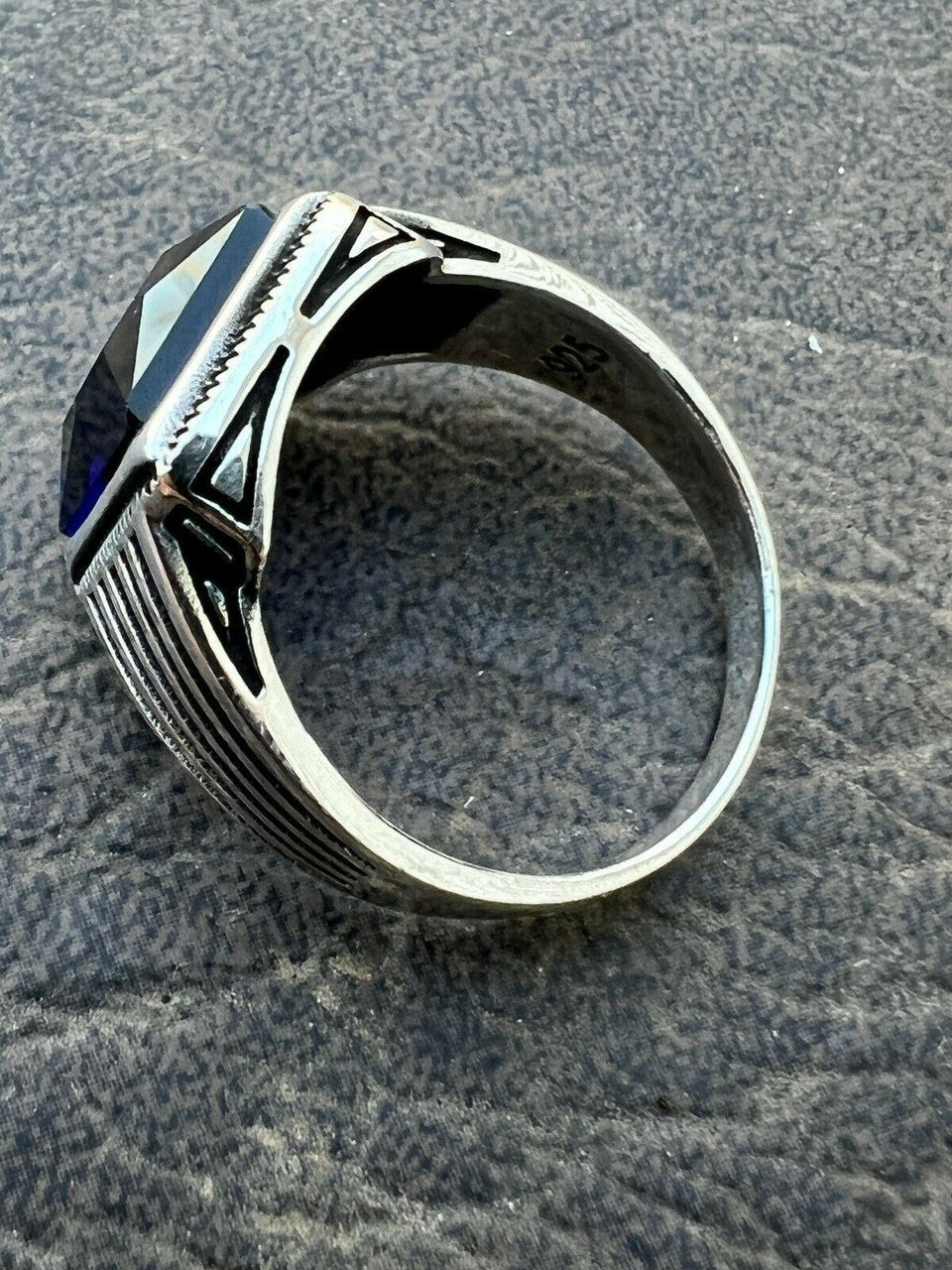 Mens Real Solid 925 Sterling Silver Dark Navy Blue Sapphire Stone Ring Size 7-13